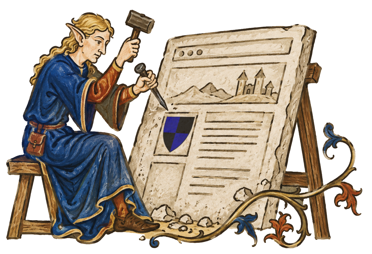 Ein Elf bearbeitet eine Webseite mit Hammer und Meißel